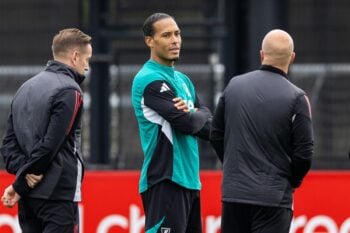 LIVERPOOL, ENGLAND - Tuesday, October 21, 2025: Liverpool's captain Virgil van Dijk during a training session at the AXA Training Centre ahead of the UEFA Champions League match between Eintracht Frankfurt and Liverpool FC. (Photo by Jessica Hornby/Propaganda) Football – UEFA Champions League – Eintracht Frankfurt v Liverpool FC