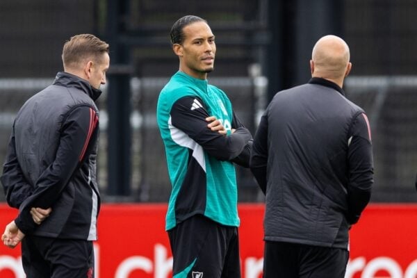 LIVERPOOL, ENGLAND - Tuesday, October 21, 2025: Liverpool's captain Virgil van Dijk during a training session at the AXA Training Centre ahead of the UEFA Champions League match between Eintracht Frankfurt and Liverpool FC. (Photo by Jessica Hornby/Propaganda)