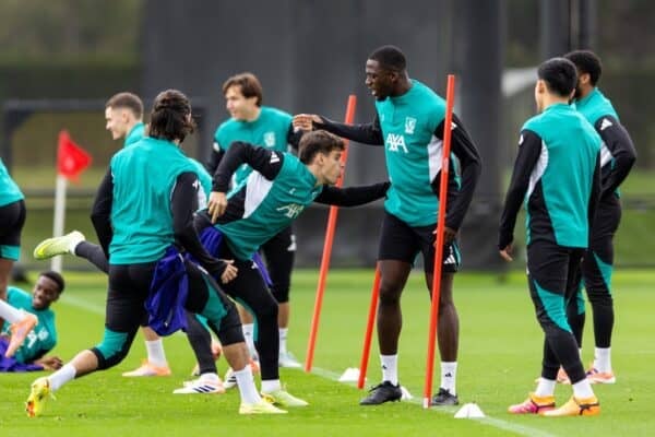 LIVERPOOL, ENGLAND - Tuesday, October 21, 2025: Liverpool's Milos Kerkez and Ibrahima Konaté during a training session at the AXA Training Centre ahead of the UEFA Champions League match between Eintracht Frankfurt and Liverpool FC. (Photo by Jessica Hornby/Propaganda)