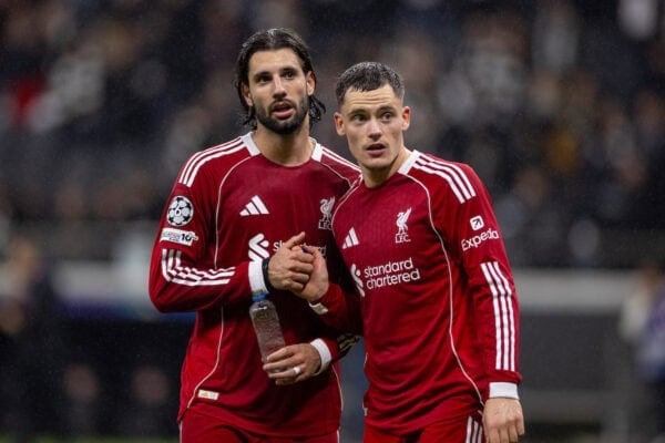 FRANKFURT, GERMANY - Wednesday, October 22, 2025: Liverpool team-mates Dominik Szoboszlai (L) and Florian Wirtz after the UEFA Champions League match between Eintracht Frankfurt and Liverpool FC at the Waldstadion. (Photo by David Rawcliffe/Propaganda)