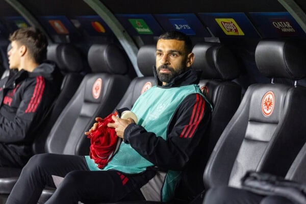 FRANKFURT, GERMANY - Wednesday, October 22, 2025: Liverpool substitute Mohamed Salah on the bench before the UEFA Champions League match between Eintracht Frankfurt and Liverpool FC at the Waldstadion. (Photo by David Rawcliffe/Propaganda)