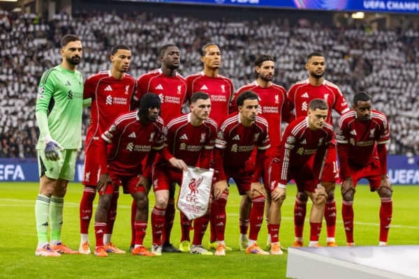 FRANKFURT, GERMANY - Wednesday, October 22, 2025: Liverpool's team back row left to right: goalkeeper Giorgi Mamardashvili, Hugo Ekitike, Ibrahima Konaté, captain Virgil van Dijk, Dominik Szoboszlai, Cody Gakpo and front row left to right: Jeremie Frimpong, Andy Robertson, Curtis Jones, Florian Wirtz, Alexander Isak before the UEFA Champions League match between Eintracht Frankfurt and Liverpool FC at the Waldstadion. (Photo by David Rawcliffe/Propaganda)