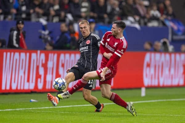 FRANKFURT, GERMANY - Wednesday, October 22, 2025: Liverpool's Andy Robertson is challenged by Eintracht Frankfurt's Rasmus Kristensen during the UEFA Champions League match between Eintracht Frankfurt and Liverpool FC at the Waldstadion. (Photo by David Rawcliffe/Propaganda)