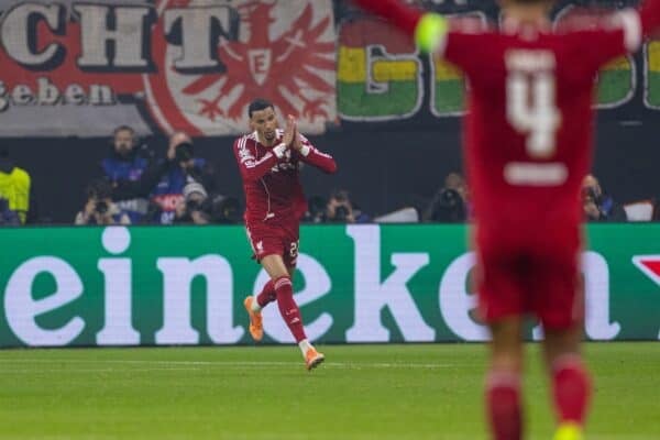 FRANKFURT, GERMANY - Wednesday, October 22, 2025: Liverpool's Hugo Ekitike celebrates solemnly after scoring against his former team during the UEFA Champions League match between Eintracht Frankfurt and Liverpool FC at the Waldstadion. (Photo by David Rawcliffe/Propaganda)