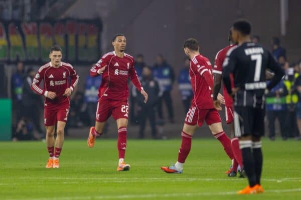 FRANKFURT, GERMANY - Wednesday, October 22, 2025: Liverpool's Hugo Ekitike celebrates after scoring his side's first goal during the UEFA Champions League match between Eintracht Frankfurt and Liverpool FC at the Waldstadion. (Photo by David Rawcliffe/Propaganda)