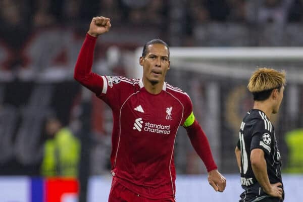 FRANKFURT, GERMANY - Wednesday, October 22, 2025: Liverpool's captain Virgil van Dijk celebrates after scoring the second goal during the UEFA Champions League match between Eintracht Frankfurt and Liverpool FC at the Waldstadion. (Photo by David Rawcliffe/Propaganda)