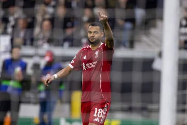 FRANKFURT, GERMANY - Wednesday, October 22, 2025: Liverpool's Cody Gakpo celebrates after scoring the fourth goal during the UEFA Champions League match between Eintracht Frankfurt and Liverpool FC at the Waldstadion. (Photo by David Rawcliffe/Propaganda)