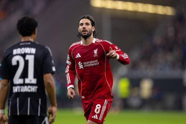 FRANKFURT, GERMANY - Wednesday, October 22, 2025: Liverpool's Dominik Szoboszlai celebrates after scoring the fifth goal during the UEFA Champions League match between Eintracht Frankfurt and Liverpool FC at the Waldstadion. (Photo by David Rawcliffe/Propaganda)