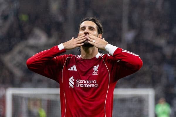 FRANKFURT, GERMANY - Wednesday, October 22, 2025: Liverpool's Dominik Szoboszlai celebrates after scoring the fifth goal during the UEFA Champions League match between Eintracht Frankfurt and Liverpool FC at the Waldstadion. (Photo by David Rawcliffe/Propaganda)