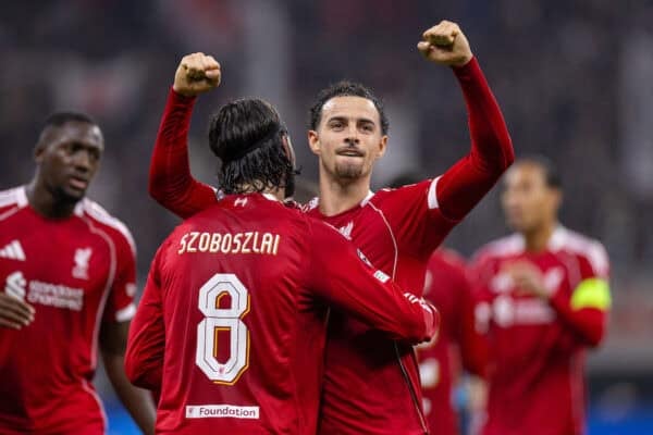 FRANKFURT, GERMANY - Wednesday, October 22, 2025: Liverpool's Curtis Jones celebrates with goalscorer Dominik Szoboszlai during the UEFA Champions League match between Eintracht Frankfurt and Liverpool FC at the Waldstadion. (Photo by David Rawcliffe/Propaganda)