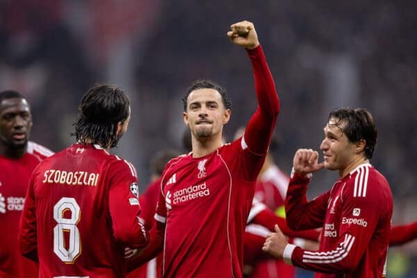 FRANKFURT, GERMANY - Wednesday, October 22, 2025: Liverpool's Curtis Jones celebrates his side's fifth goal during the UEFA Champions League match between Eintracht Frankfurt and Liverpool FC at the Waldstadion. (Photo by David Rawcliffe/Propaganda)