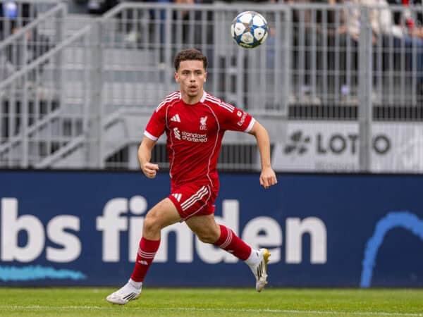 FRANKFURT, GERMANY - Wednesday, October 22, 2025: Liverpool's Kieran Morrison during the UEFA Youth League match between Eintracht Frankfurt Under-19's and Liverpool FC Under-19's at Sportpark Dreieich. (Photo by David Rawcliffe/Propaganda)