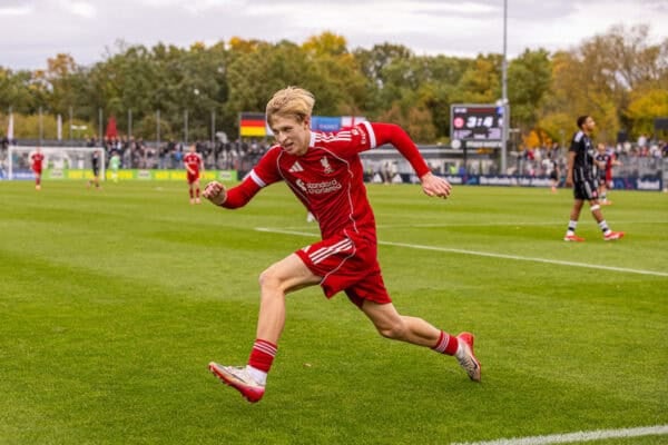 FRANKFURT, GERMANY - Wednesday, October 22, 2025: Liverpool's Oliver O'Connor celebrates after scoring his side's fifth goal during the UEFA Youth League match between Eintracht Frankfurt Under-19's and Liverpool FC Under-19's at Sportpark Dreieich. (Photo by David Rawcliffe/Propaganda)