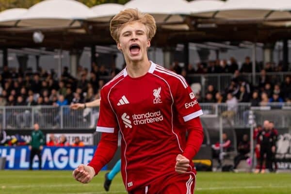 FRANKFURT, GERMANY - Wednesday, October 22, 2025: Liverpool's Oliver O'Connor celebrates after scoring his side's fifth goal during the UEFA Youth League match between Eintracht Frankfurt Under-19's and Liverpool FC Under-19's at Sportpark Dreieich. (Photo by David Rawcliffe/Propaganda)