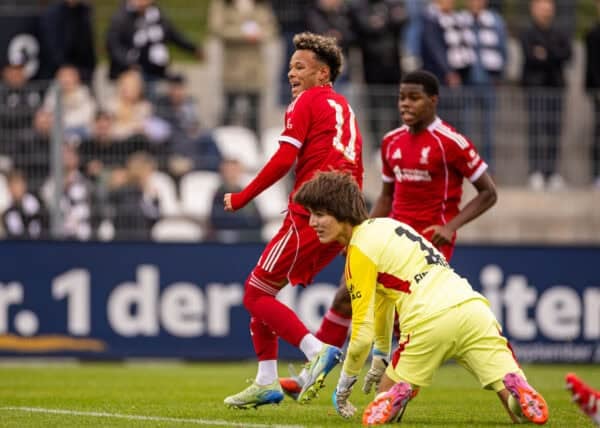 FRANKFURT, GERMANY - Wednesday, October 22, 2025: Liverpool's Trent Kone-Doherty celebrates after scoring his side's first equalising goal during the UEFA Youth League match between Eintracht Frankfurt Under-19's and Liverpool FC Under-19's at Sportpark Dreieich. (Photo by David Rawcliffe/Propaganda)