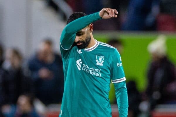 LONDON, ENGLAND - Saturday, October 24, 2025: Liverpool's Mohamed Salah reacts to conceeding the second goal during the FA Premier League match between Brentford FC and Liverpool FC at the Brentford Community Stadium. (Photo by David Rawcliffe/Propaganda)