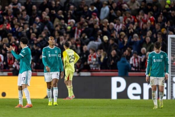 LONDON, ENGLAND - Saturday, October 24, 2025: Liverpool's players react to conceeding the third goal during the FA Premier League match between Brentford FC and Liverpool FC at the Brentford Community Stadium. (Photo by David Rawcliffe/Propaganda)