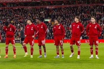 LIVERPOOL, ENGLAND - Wednesday, October 29, 2025: Liverpool players line-up before the Football League Cup 4th Round match between Liverpool FC and Crystal Palace FC at Anfield. (Photo by David Rawcliffe/Propaganda) Football – Football League Cup – 4th Round – Liverpool FC v Crystal Palace FC