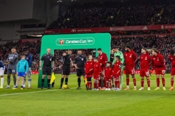 LIVERPOOL, ENGLAND - Wednesday, October 29, 2025: Liverpool players line-up before the Football League Cup 4th Round match between Liverpool FC and Crystal Palace FC at Anfield. (Photo by David Rawcliffe/Propaganda) Football – Football League Cup – 4th Round – Liverpool FC v Crystal Palace FC