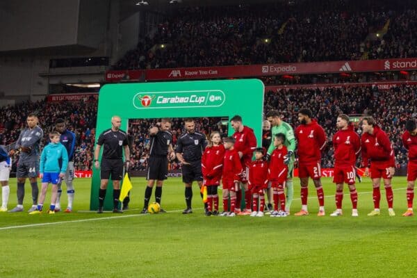 LIVERPOOL, ENGLAND - Wednesday, October 29, 2025: Liverpool players line-up before the Football League Cup 4th Round match between Liverpool FC and Crystal Palace FC at Anfield. (Photo by David Rawcliffe/Propaganda)