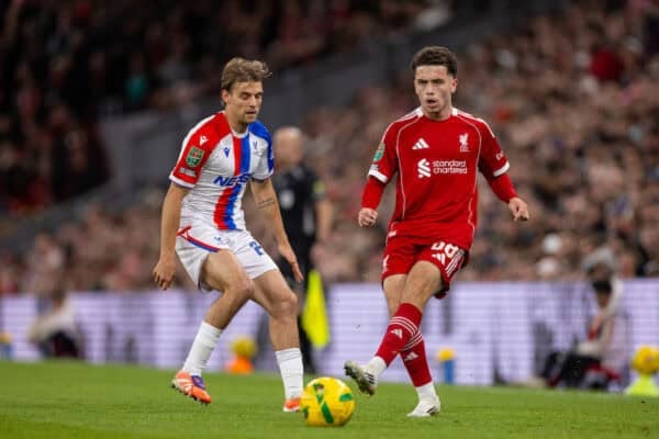 LIVERPOOL, ENGLAND - Wednesday, October 29, 2025: Liverpool's Kieran Morrison (R) and Crystal Palace's Borna Sosa during the Football League Cup 4th Round match between Liverpool FC and Crystal Palace FC at Anfield. (Photo by David Rawcliffe/Propaganda)