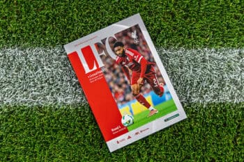 LIVERPOOL, ENGLAND - Wednesday, October 29, 2025: Liverpool's Joe Gomez is featured on the cover of the official matchday programme before the Football League Cup 4th Round match between Liverpool FC and Crystal Palace FC at Anfield. (Photo by David Rawcliffe/Propaganda) Football – Football League Cup – 4th Round – Liverpool FC v Crystal Palace FC