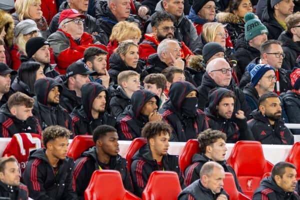 LIVERPOOL, ENGLAND - Wednesday, October 29, 2025: Liverpool's (L-R) Conor Bradley, Cody Gakpo, Curtis Jones, Ryan Gravenberch, Virgil van Dijk, Dominik Szoboszlai and Mohamed Salah watching on during the Football League Cup 4th Round match between Liverpool FC and Crystal Palace FC at Anfield. (Photo by David Rawcliffe/Propaganda)