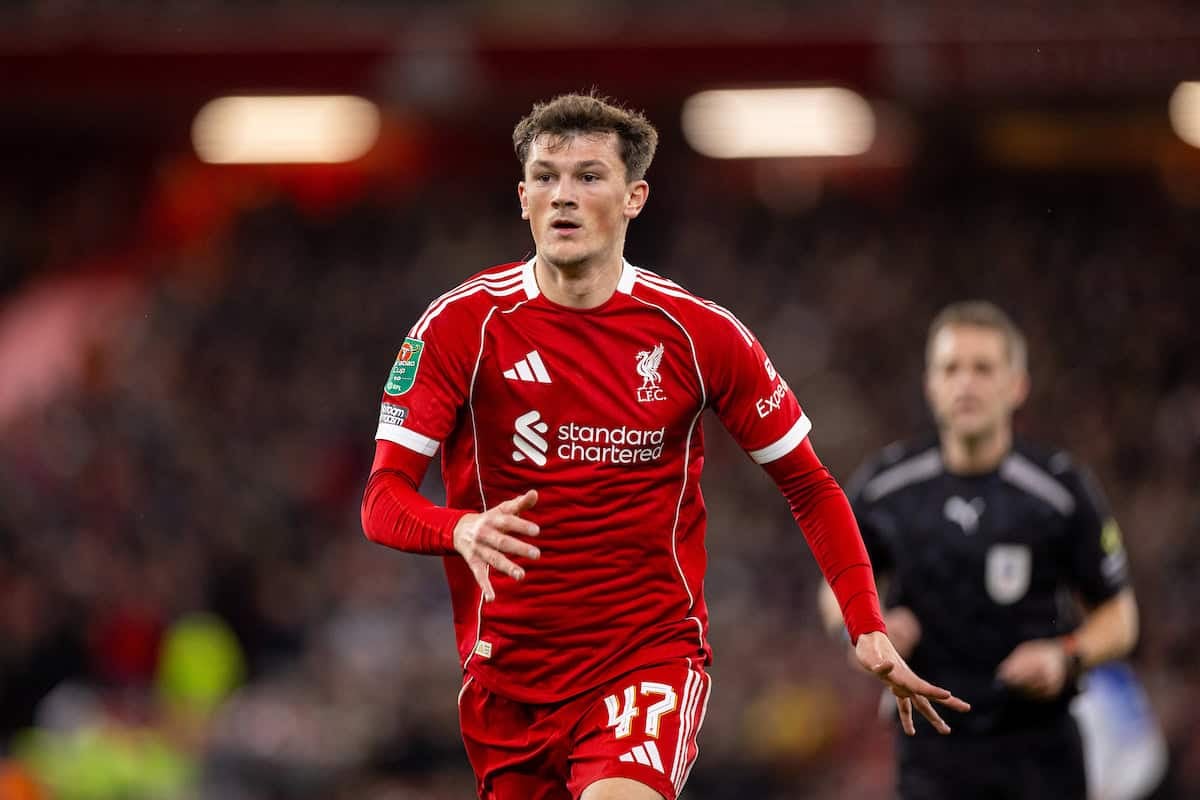 LIVERPOOL, ENGLAND - Wednesday, October 29, 2025: Liverpool's Calvin Ramsay during the Football League Cup 4th Round match between Liverpool FC and Crystal Palace FC at Anfield. (Photo by David Rawcliffe/Propaganda)