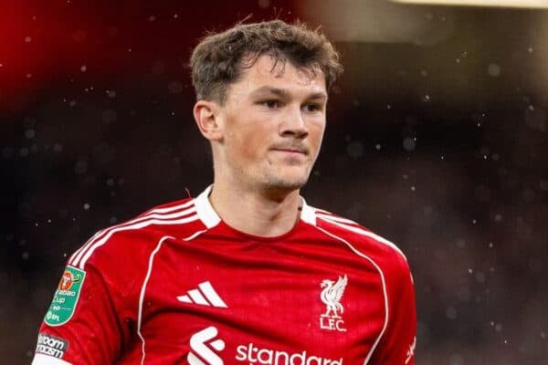 LIVERPOOL, ENGLAND - Wednesday, October 29, 2025: Liverpool's Calvin Ramsay during the Football League Cup 4th Round match between Liverpool FC and Crystal Palace FC at Anfield. (Photo by David Rawcliffe/Propaganda)