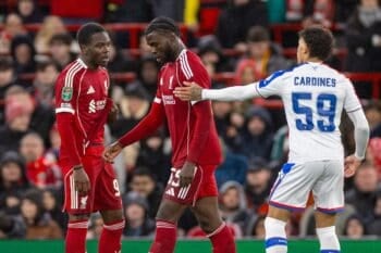 LIVERPOOL, ENGLAND - Wednesday, October 29, 2025: Liverpool's Amara Nallo reacting to his straight red card during the Football League Cup 4th Round match between Liverpool FC and Crystal Palace FC at Anfield. (Photo by David Rawcliffe/Propaganda) Football – Football League Cup – 4th Round – Liverpool FC v Crystal Palace FC