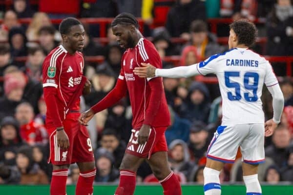 LIVERPOOL, ENGLAND - Wednesday, October 29, 2025: Liverpool's Amara Nallo reacting to his straight red card during the Football League Cup 4th Round match between Liverpool FC and Crystal Palace FC at Anfield. (Photo by David Rawcliffe/Propaganda)