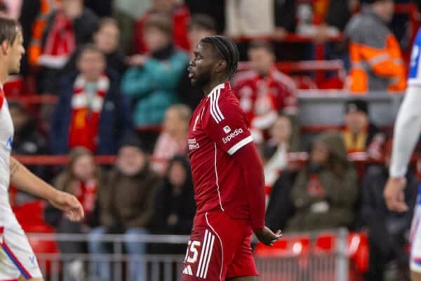 LIVERPOOL, ENGLAND - Wednesday, October 29, 2025: Liverpool's Amara Nallo reacting to his straight red card during the Football League Cup 4th Round match between Liverpool FC and Crystal Palace FC at Anfield. (Photo by David Rawcliffe/Propaganda)