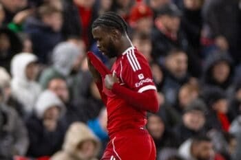 LIVERPOOL, ENGLAND - Wednesday, October 29, 2025: Liverpool's Amara Nallo reacting to his straight red card during the Football League Cup 4th Round match between Liverpool FC and Crystal Palace FC at Anfield. (Photo by David Rawcliffe/Propaganda) Football – Football League Cup – 4th Round – Liverpool FC v Crystal Palace FC