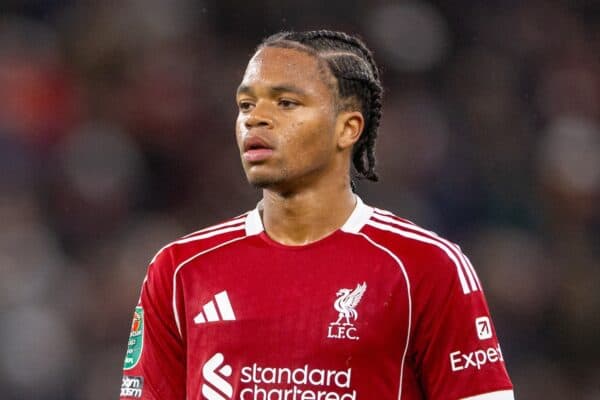 LIVERPOOL, ENGLAND - Wednesday, October 29, 2025: Liverpool's Rio Ngumoha during the Football League Cup 4th Round match between Liverpool FC and Crystal Palace FC at Anfield. (Photo by David Rawcliffe/Propaganda)