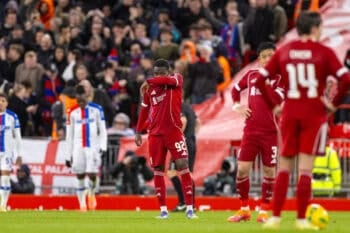 LIVERPOOL, ENGLAND - Wednesday, October 29, 2025: Liverpool's Wellity Lucky reacts to his side's conceding the third goal during the Football League Cup 4th Round match between Liverpool FC and Crystal Palace FC at Anfield. (Photo by David Rawcliffe/Propaganda) Football – Football League Cup – 4th Round – Liverpool FC v Crystal Palace FC