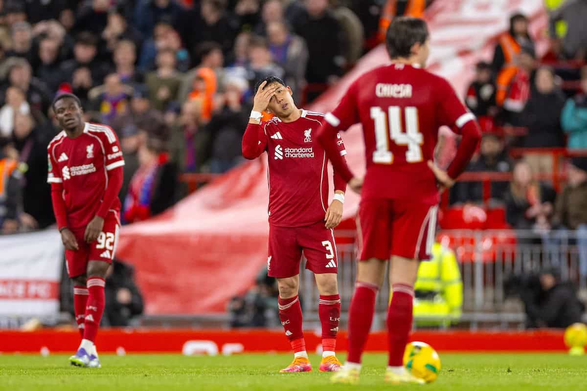 LIVERPOOL, ENGLAND - Wednesday, October 29, 2025: Liverpool's Wataru Endo reacts to conceeding the third goal during the Football League Cup 4th Round match between Liverpool FC and Crystal Palace FC at Anfield. (Photo by David Rawcliffe/Propaganda)