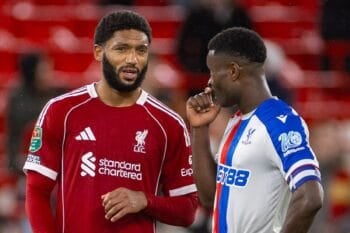 LIVERPOOL, ENGLAND - Wednesday, October 29, 2025: Liverpool's Joe Gomez speaks to Crystal Palace's captain Marc Guéhi after the Football League Cup 4th Round match between Liverpool FC and Crystal Palace FC at Anfield. (Photo by David Rawcliffe/Propaganda) Football – Football League Cup – 4th Round – Liverpool FC v Crystal Palace FC