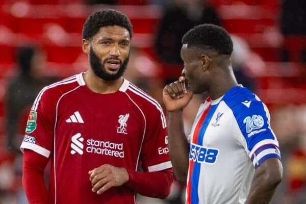 LIVERPOOL, ENGLAND - Wednesday, October 29, 2025: Liverpool's Joe Gomez speaks to Crystal Palace's captain Marc Guéhi after the Football League Cup 4th Round match between Liverpool FC and Crystal Palace FC at Anfield. (Photo by David Rawcliffe/Propaganda)
