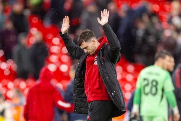 LIVERPOOL, ENGLAND - Wednesday, October 29, 2025: Liverpool's Andy Robertson acknowledges the supporters after the Football League Cup 4th Round match between Liverpool FC and Crystal Palace FC at Anfield. (Photo by David Rawcliffe/Propaganda)