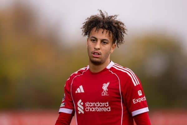 KIRKBY, ENGLAND - Saturday, November 1, 2025: Liverpool's Kaide Gordon during the Premier League 2 match between Liverpool FC Under-21's and Middlesbrough FC Under-21's at the Liverpool Academy. (Photo by David Rawcliffe/Propaganda)