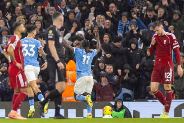 MANCHESTER, ENGLAND - Sunday, November 9, 2025: Manchester City's Jérémy Doku celebrates after scoring the third goal during the FA Premier League match between Manchester City FC and Liverpool FC at the City of Manchester Stadium. (Photo by David Rawcliffe/Propaganda)