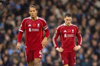 MANCHESTER, ENGLAND - Sunday, November 9, 2025: Liverpool's captain Virgil van Dijk (L) and Florian Wirtz during the FA Premier League match between Manchester City FC and Liverpool FC at the City of Manchester Stadium. (Photo by David Rawcliffe/Propaganda) Football – FA Premier League – Manchester City FC v Liverpool FC