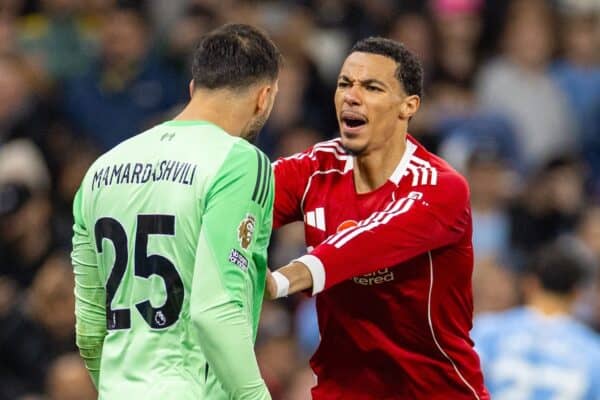 MANCHESTER, ENGLAND - Sunday, November 9, 2025: Liverpool team-mates goalkeeper Giorgi Mamardashvili (L) and Hugo Ekitike celebrate the saved penalty during the FA Premier League match between Manchester City FC and Liverpool FC at the City of Manchester Stadium. (Photo by David Rawcliffe/Propaganda)