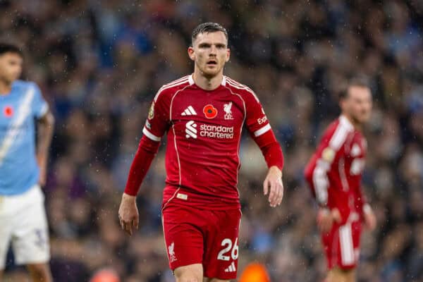 MANCHESTER, ENGLAND - Sunday, November 9, 2025: Liverpool's Andy Robertson during the FA Premier League match between Manchester City FC and Liverpool FC at the City of Manchester Stadium. (Photo by David Rawcliffe/Propaganda)