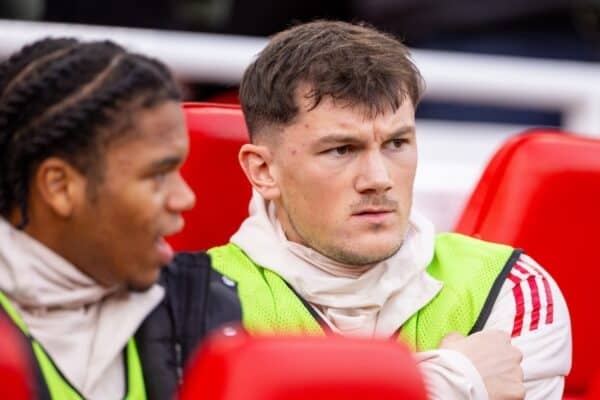 LIVERPOOL, ENGLAND - Saturday, November 22, 2025: Liverpool substitute Calvin Ramsay on the bench before the FA Premier League match between Liverpool FC and Nottingham Forest FC at Anfield. (Photo by David Rawcliffe/Propaganda)