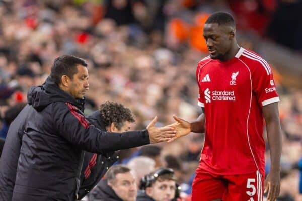 LIVERPOOL, ENGLAND - Saturday, November 22, 2025: Liverpool's Ibrahim Konaté is substituted off during the FA Premier League match between Liverpool FC and Nottingham Forest FC at Anfield. (Photo by David Rawcliffe/Propaganda)