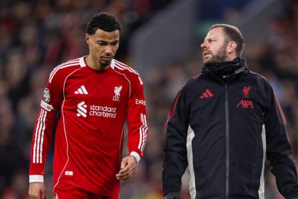 LIVERPOOL, ENGLAND - Wednesday, November 26, 2025: Liverpool's Hugo Ekitike walks off with an injury during the UEFA Champions League match between Liverpool FC and PSV Eindhoven at Anfield. (Photo by David Rawcliffe/Propaganda)