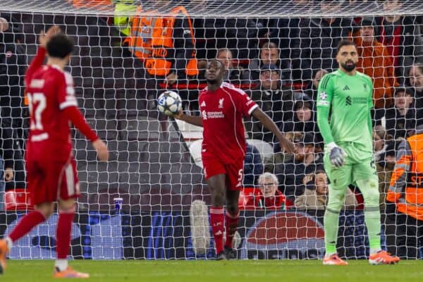 LIVERPOOL, ENGLAND - Wednesday, November 26, 2025: Liverpool's Ibrahima Konaté and goalkeeper Giorgi Mamardashvili (R) react to conceeding their third goal during the UEFA Champions League match between Liverpool FC and PSV Eindhoven at Anfield. (Photo by David Rawcliffe/Propaganda)