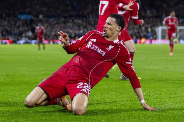 LEEDS, ENGLAND - Saturday, December 6, 2025: Liverpool's Hugo Ekitike celebrates after scoring the second goal during the FA Premier League match between Leeds United FC and Liverpool FC at Elland Road. (Photo by David Rawcliffe/Propaganda)