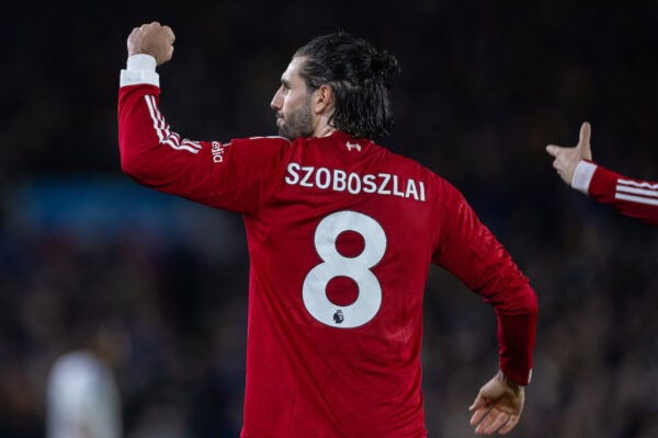 LEEDS, ENGLAND - Saturday, December 6, 2025: Liverpool's Dominik Szoboszlai celebrates after scoring his team's third goal during the FA Premier League match between Leeds United FC and Liverpool FC at Elland Road. (Photo by David Rawcliffe/Propaganda)